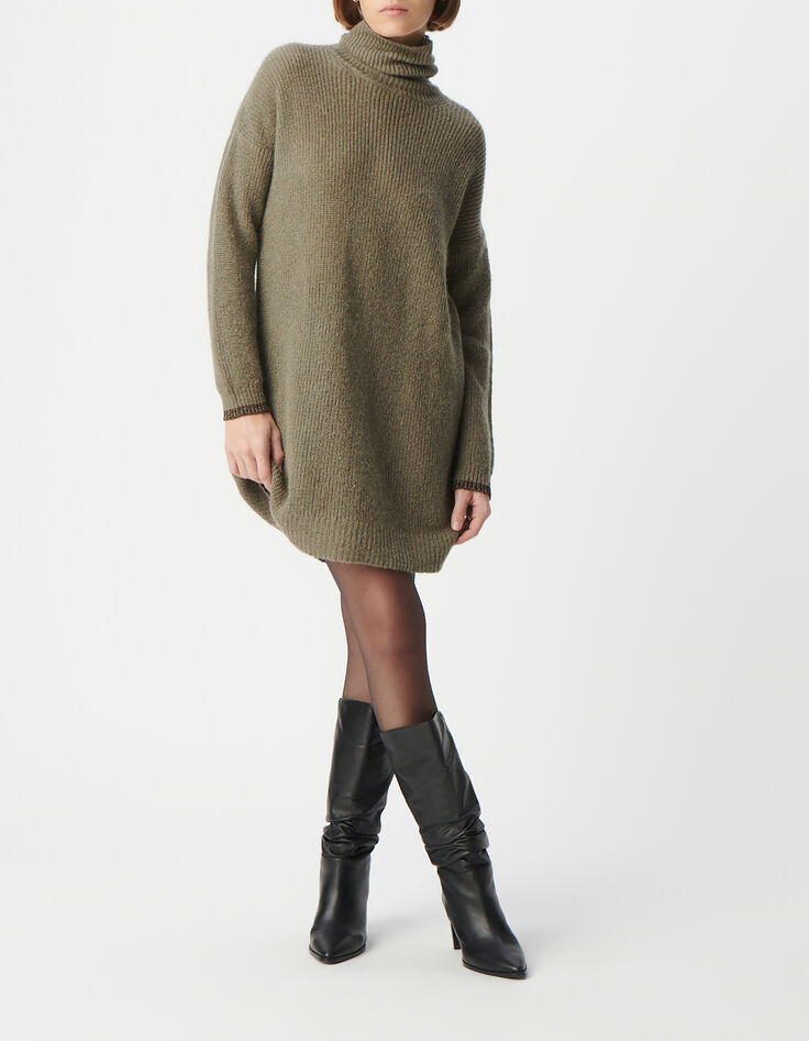 Robe pull kaki tricot côtelé col roulé Femme-2 Robe pull kaki tricot côtelé col roulé Femme-2