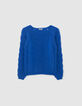 Pull en maille ajourée bleu électrique col roulotté femme-1