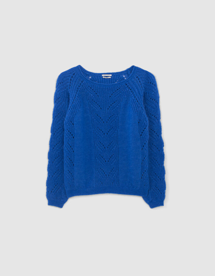 Jersey punto calado azul eléctrico cuello enrollado mujer-1