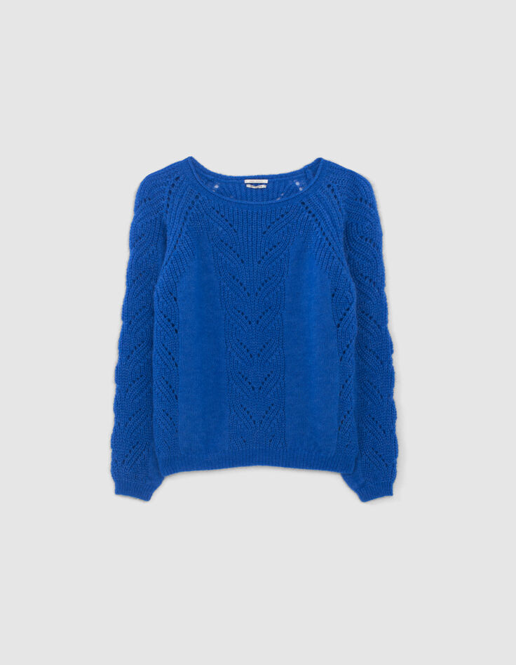 Pull en maille ajourée bleu électrique col roulotté femme-1