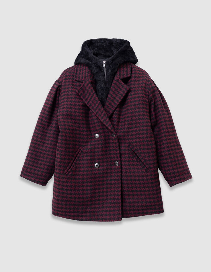 Girls’ black check coat with hooded facing-2