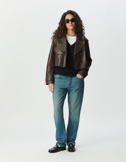Blouson marron cuir forme trench court Femme - IKKS