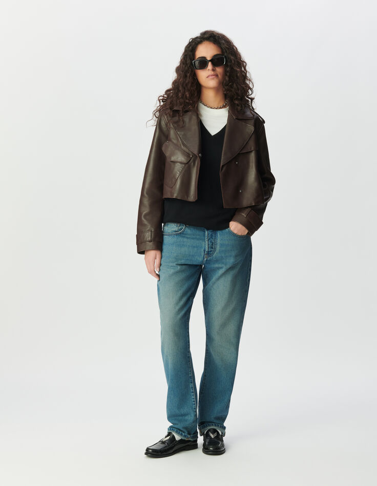 Blouson marron cuir forme trench court Femme-1