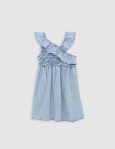 Blue denim smocked dress with asymmetric strap for girl - IKKS