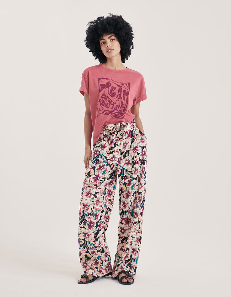 Tee-shirt col rond coton bio rose visuel message femme-2 Tee-shirt col rond coton bio rose visuel message femme-2