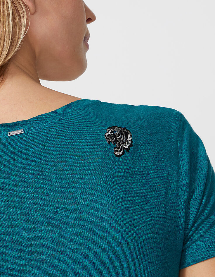 Women’s emerald linen V-neck T-shirt with tiger on back-4