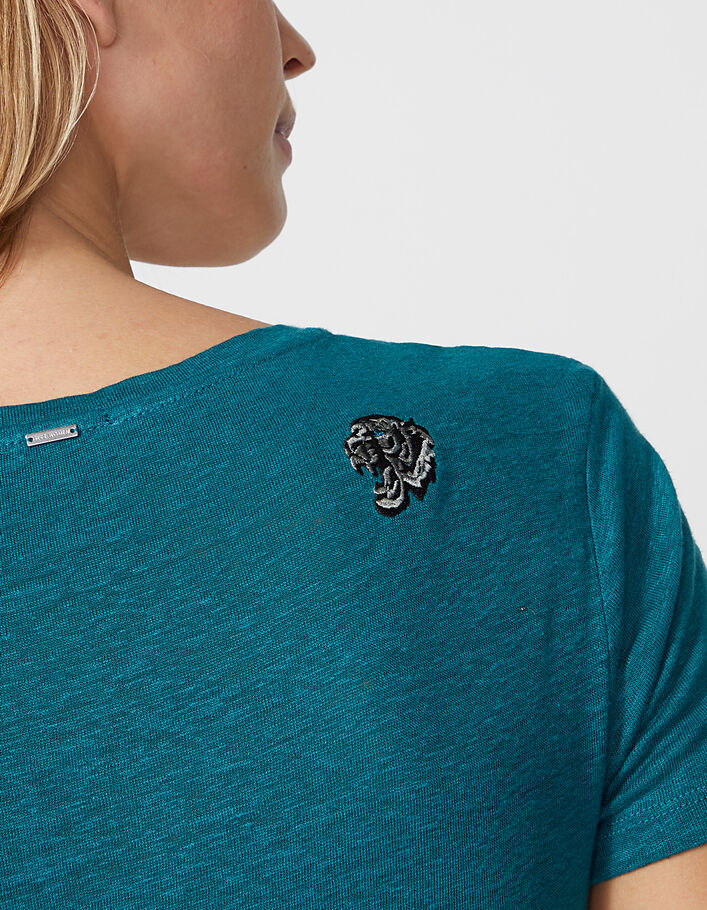 Smaragdgroen linnen T-shirt V-hals en tijger voor dames - IKKS