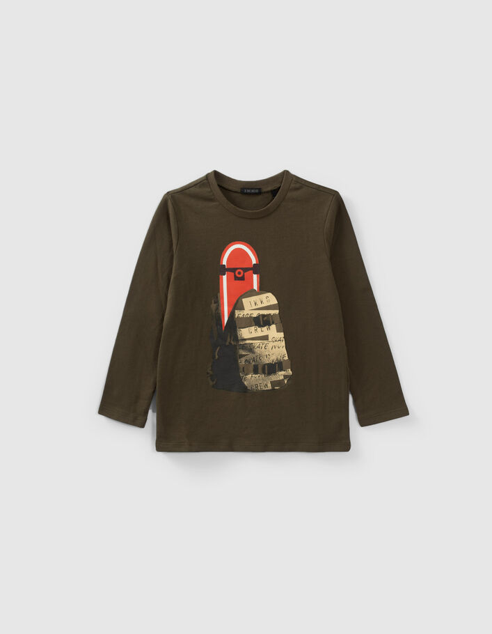 Boys’ khaki skateboard reversible sequin cotton T-shirt - IKKS