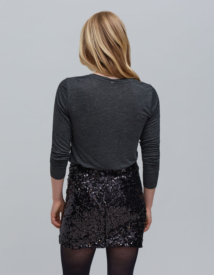 Graues T-Shirt aus Lurex-Strick mit Gourmet-Dekor f&uuml;r Damen-2