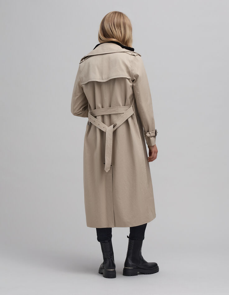 Women's long beige trench coat with removable trim-6