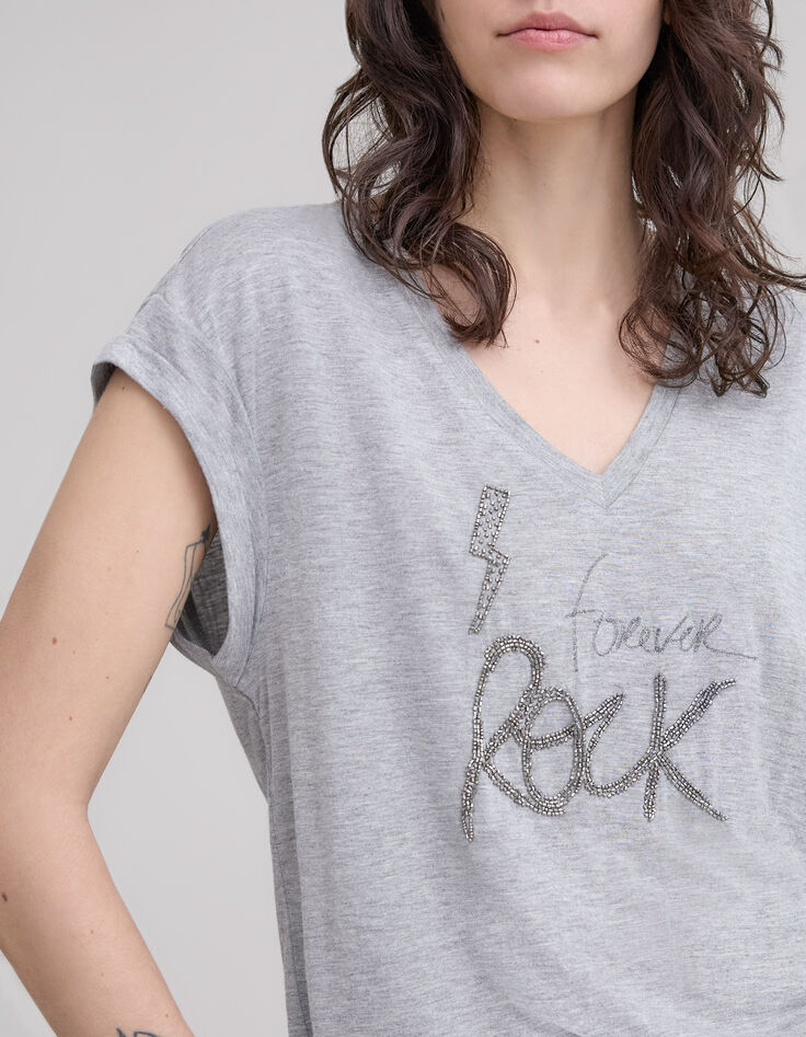 Graues Damen-T-Shirt mit gesticktem Schriftzug mit Perlen-4