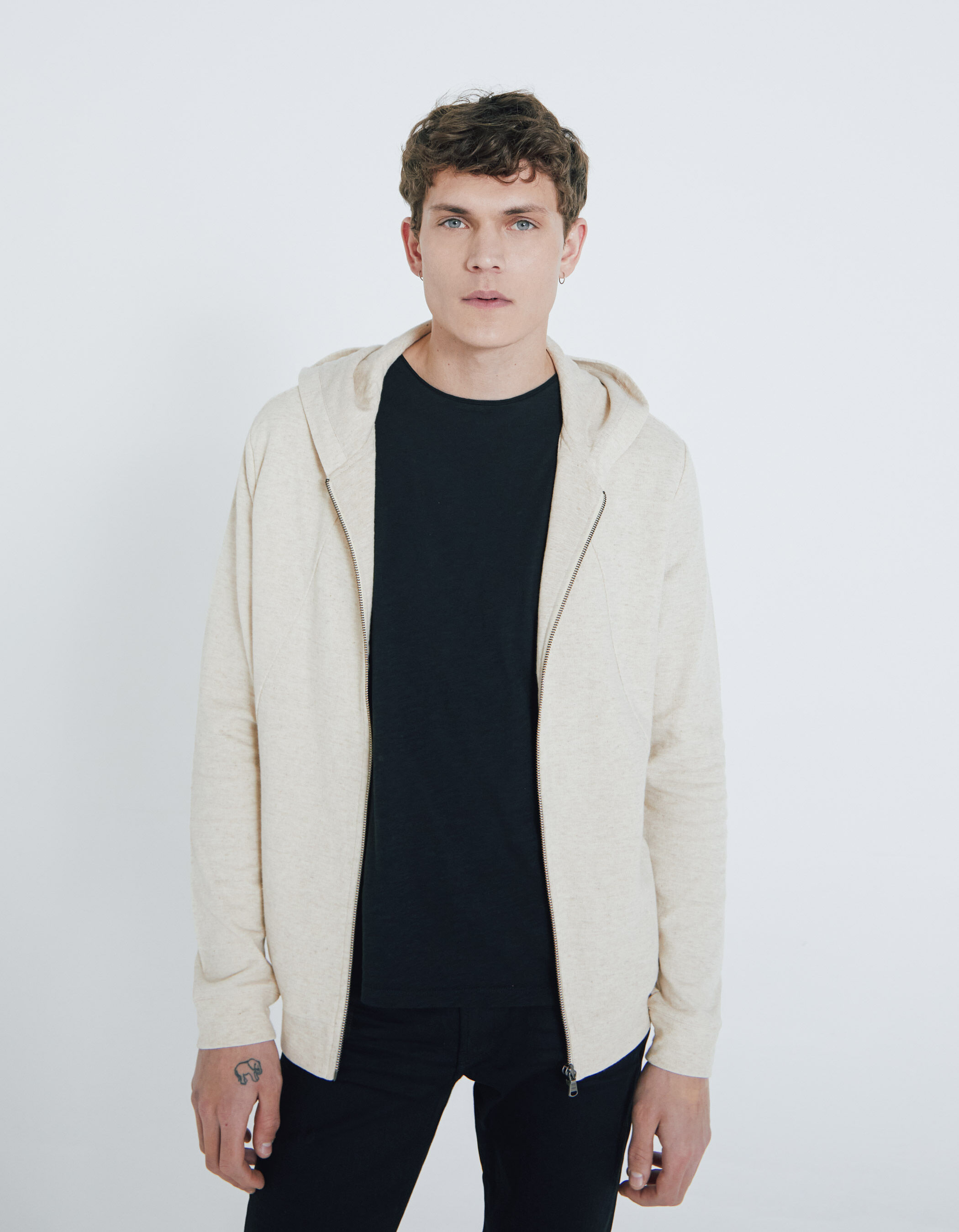 light beige knit hooded zip-up cardigan