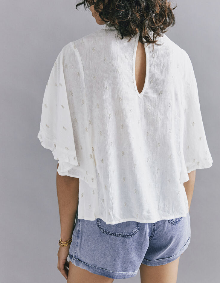 Ecru loose top inzet kant en fronsels dames-3
