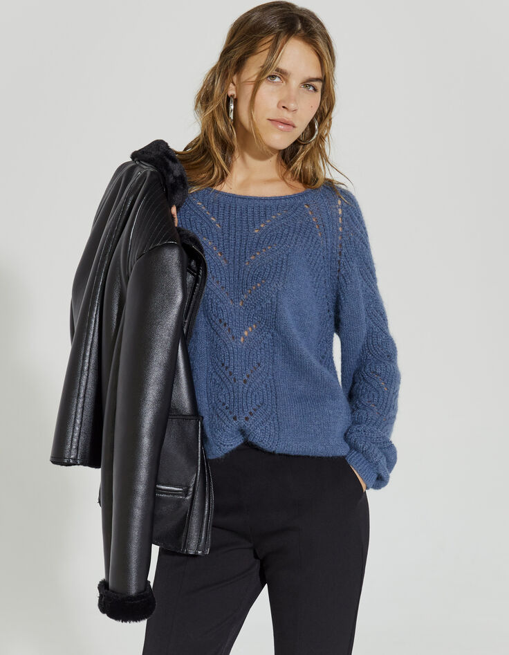 Pull en maille ajourée bleu ardoise col roulotté femme-2