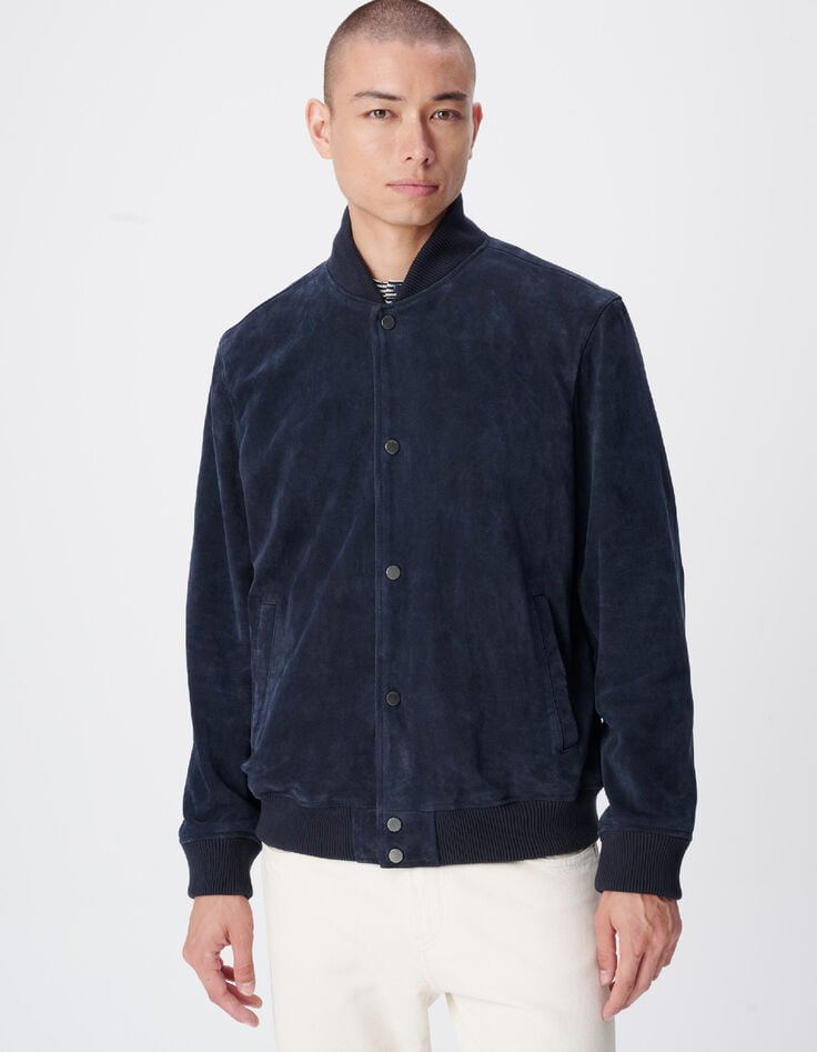 Donkerblauw su&egrave;de herenjack met afneembare capuchon-5