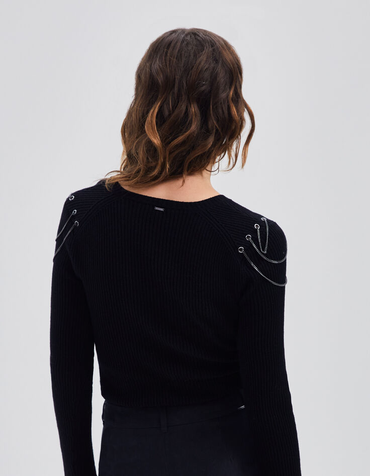 Women’s black ribbed knit sweater with chains on shoulders-2