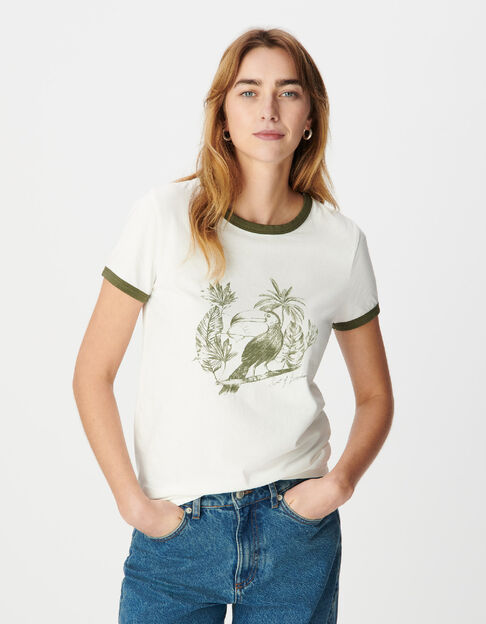 Camiseta de manga corta de mujer ecru visual bird khaki - IKKS