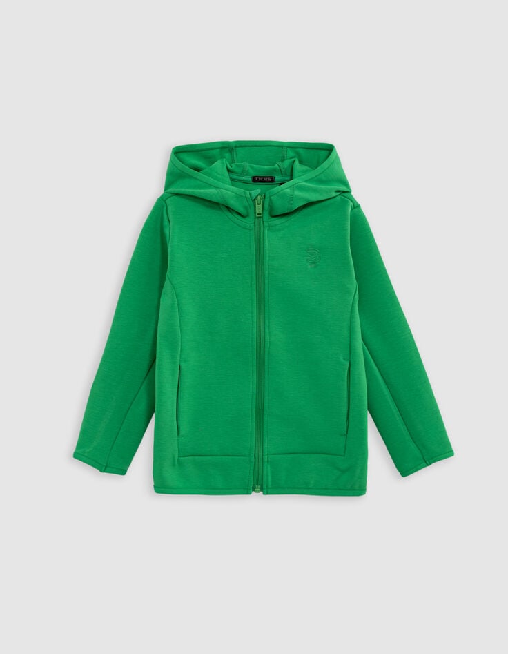Boy's green zipped cardigan, slogan embroidered on back-1