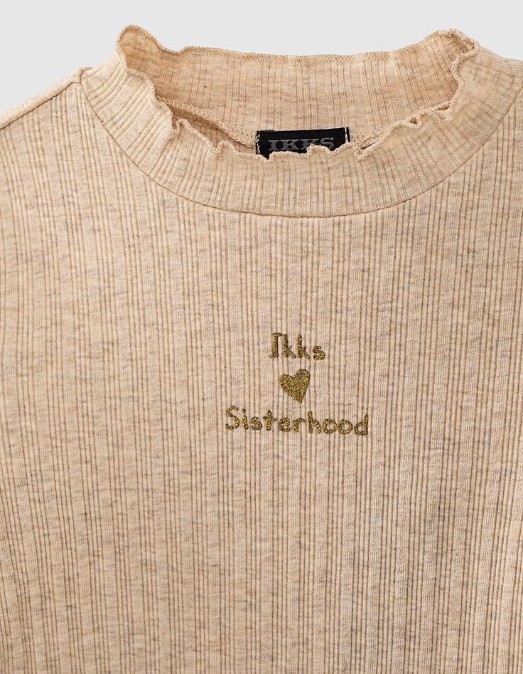 Girls’ sand marl ribbed funnel-neck T-shirt-2