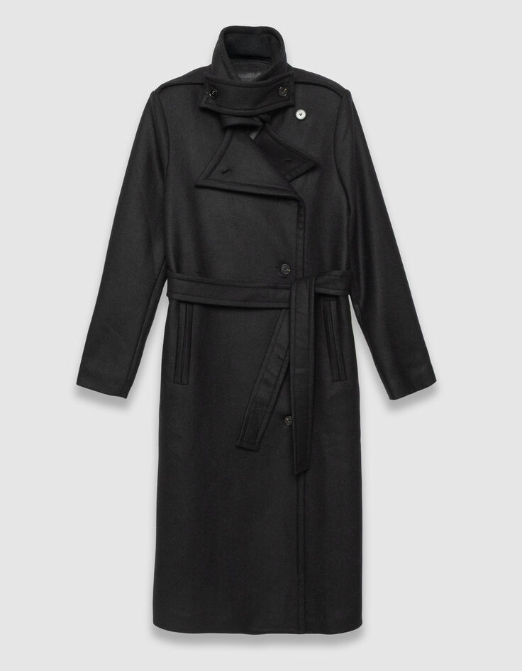 Manteau long noir lainage esprit caban ceintur&eacute; Femme-6