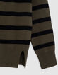 Khakifarbener Damen-Strickpullover mit schwarzem Streifenmuster-3