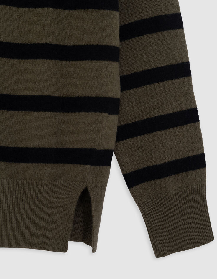 Khakifarbener Damen-Strickpullover mit schwarzem Streifenmuster-3
