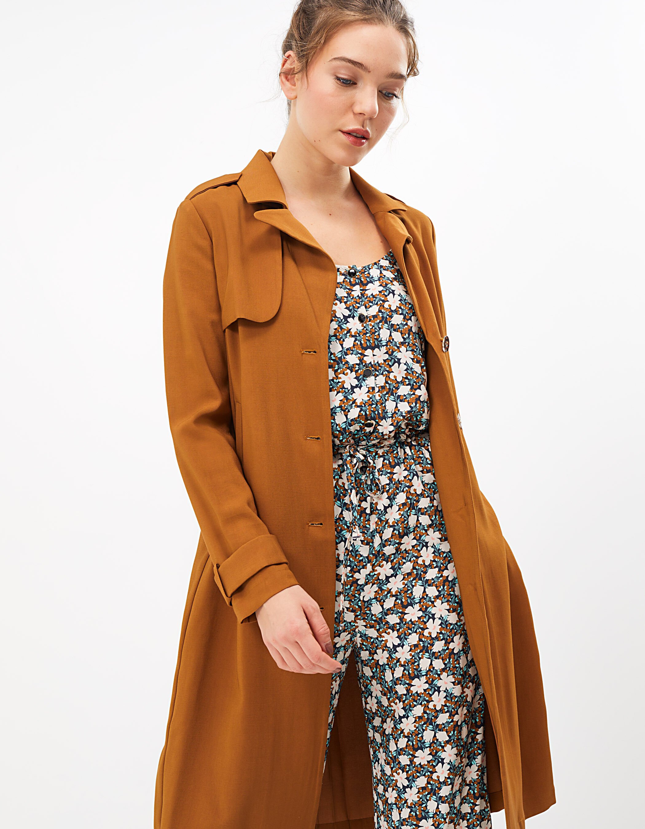 I.Code camel trench coat with pleated back