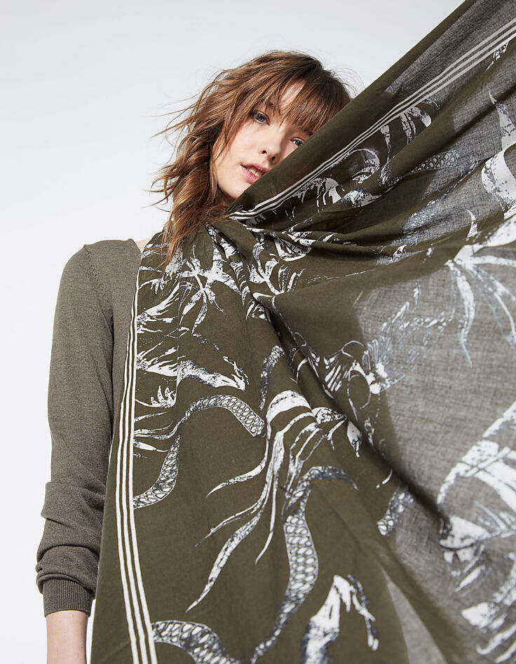 Women’s tropical print on khaki cotton modal scarf-5