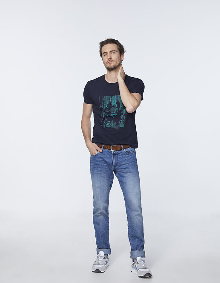 Dunkelblaues Herren-T-Shirt mit Streifen-Gesicht-Roboter-6