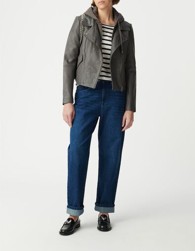 Blouson gris cuir esprit motard parementure - IKKS
