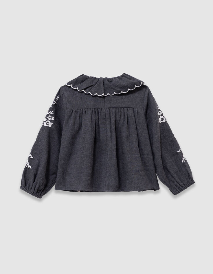 Graue Mädchenbluse mit weitem Kragen Stick-3