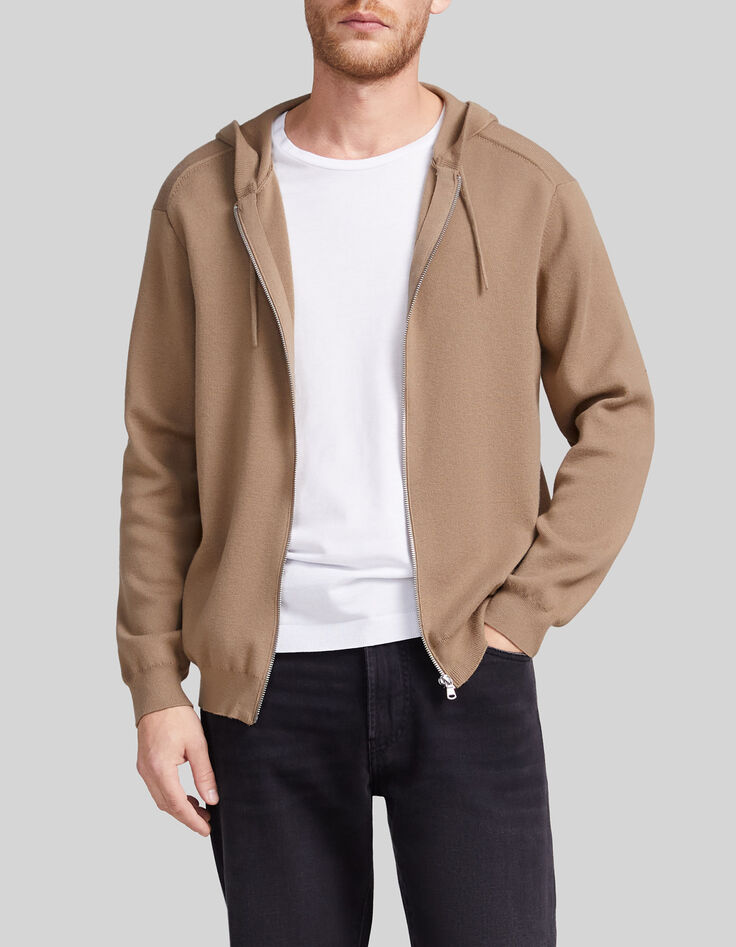 Beige Herrenstrickjacke mit Rei&szlig;verschluss und Kapuze-1