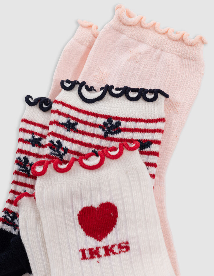 Ecru,rosa, rote und marinefarbene Mädchensocken-7