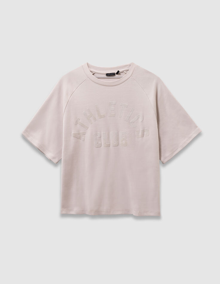 Girls’ beige organic cotton T-shirt, flocked velvet slogan-3