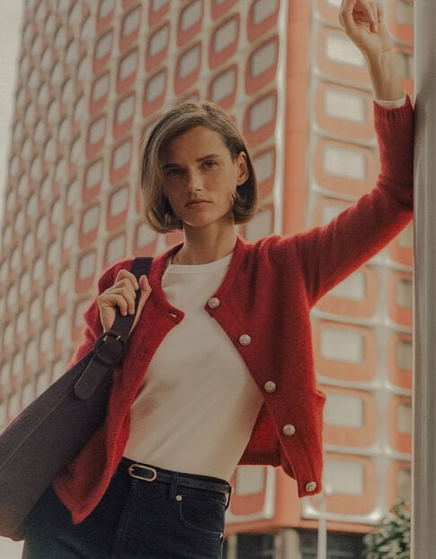 Cardigan rouge tricot mousseux 100% laine Femme - IKKS