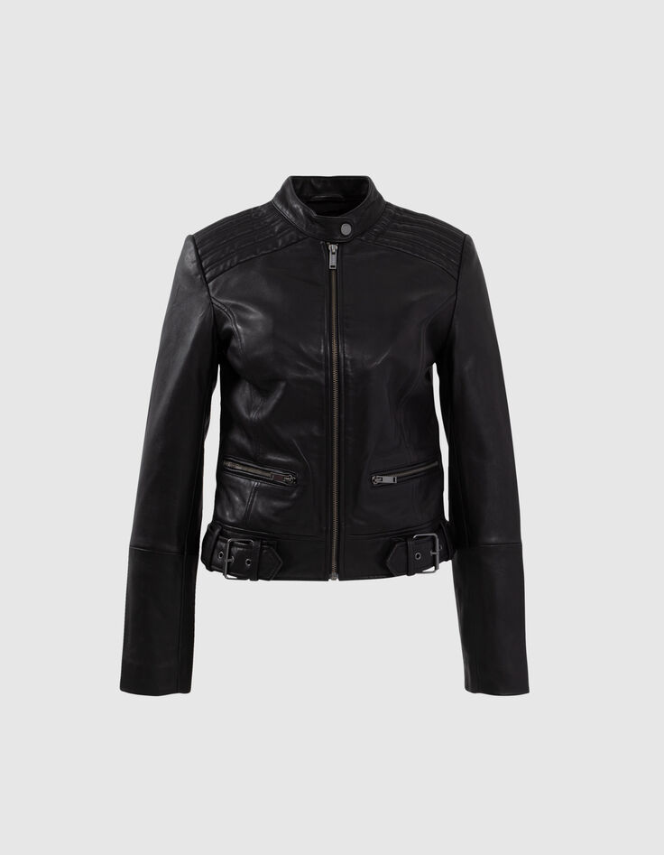 Women&rsquo;s black leather fitted jacket with quilted shoulders-6