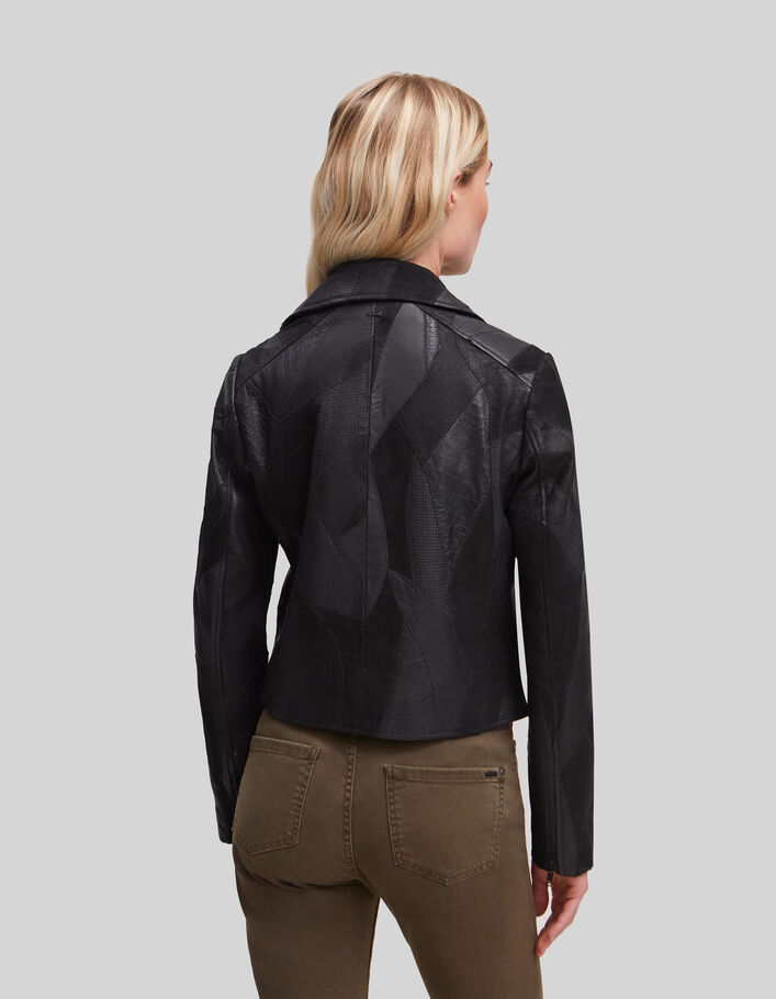 Women's black leather patchwork-look biker-style jacket - IKKS