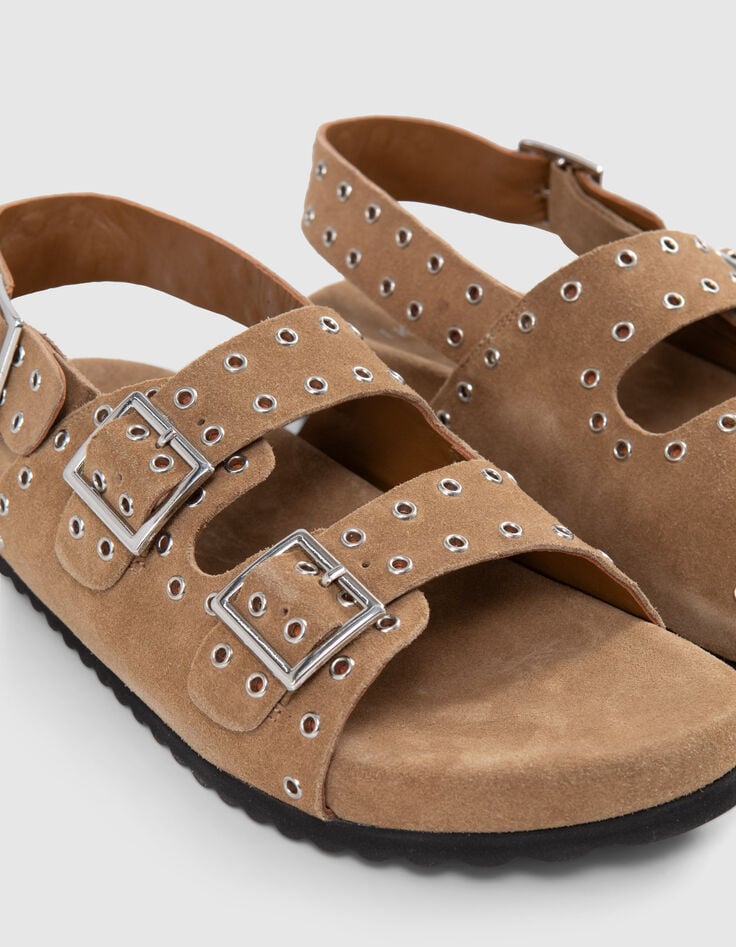 Women's sand suede sandals with eyelet straps-4