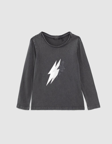 Grijs T-shirt met epauletten opdruk bliksems meisjes - IKKS