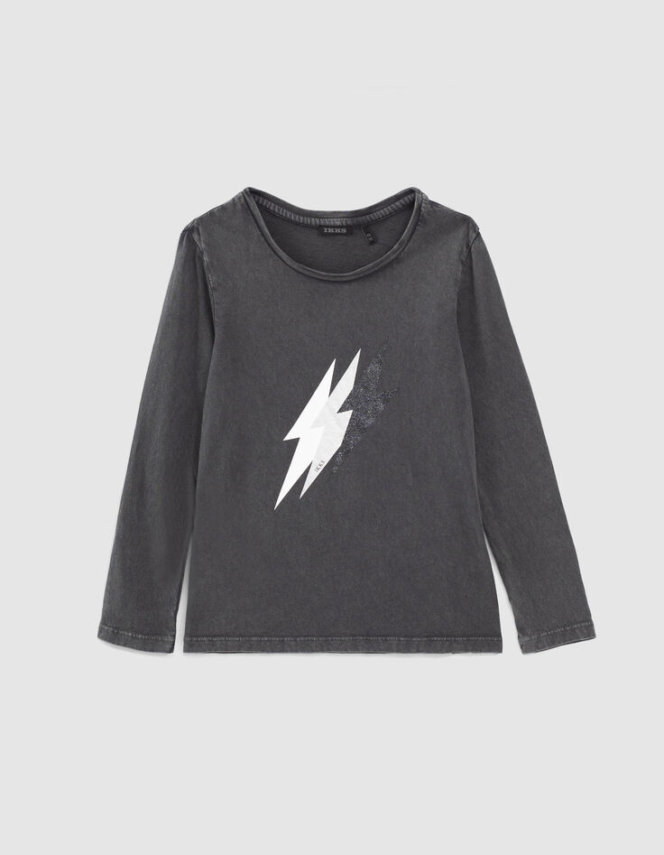 Grijs T-shirt met epauletten opdruk bliksems meisjes-1