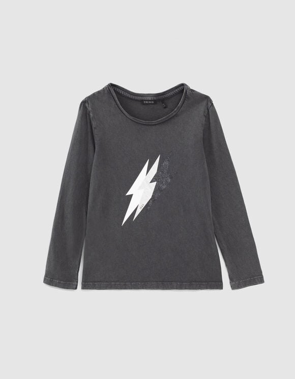 Graues Mädchen-T-Shirt mit Schulterpolstern und Blitzmotiv