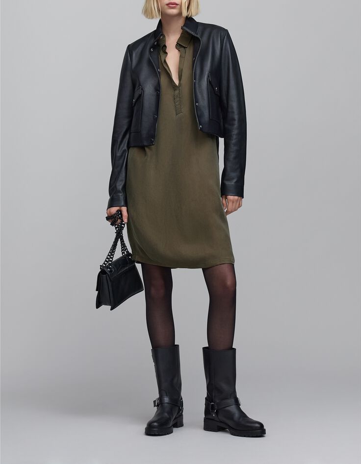 Women's khaki midi shirt dress with jewels-1