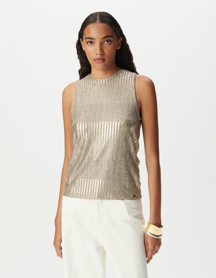 Camiseta de tirantes de mujer con espalda anudada metalizada en dorado-3