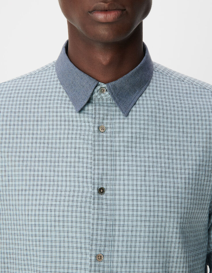 Men's easy blue shirt with check pattern, long sleeves-3