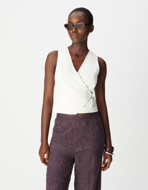 Top en jean &eacute;cru &agrave; fermeture crois&eacute;e Femme - IKKS
