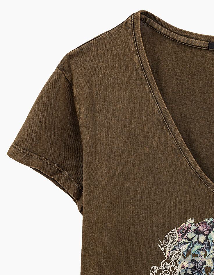 Tee-shirt kaki en coton biologique flamm&eacute; visuel devant femme-3