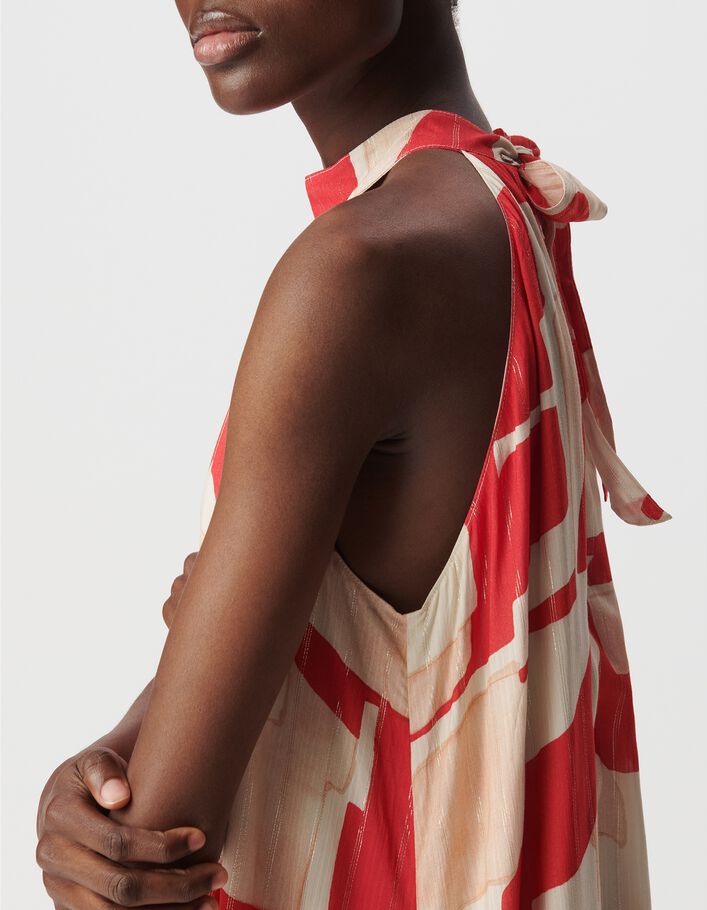 red geometric dress Brillora Women's Pink And Red BOHO Geometric Print Smocked Dress,Summer Holiday Beach Vacation Maxi Dress,Bohemian Spaghetti Strap V Neck Country Outfits
