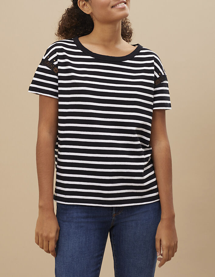 I.Code black studded sailor T-shirt with white stripes - I.CODE