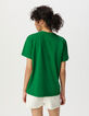 Green crew neck T-shirt with cat and lightning-3