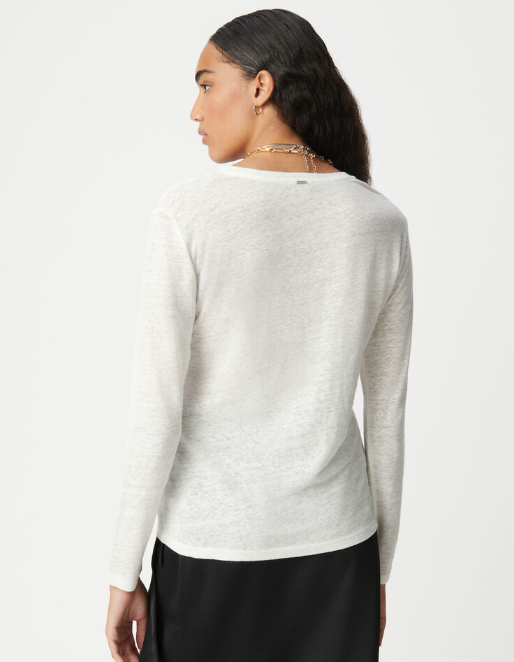 Dames-T-shirt van witte linnenblend met lange mouwen-3